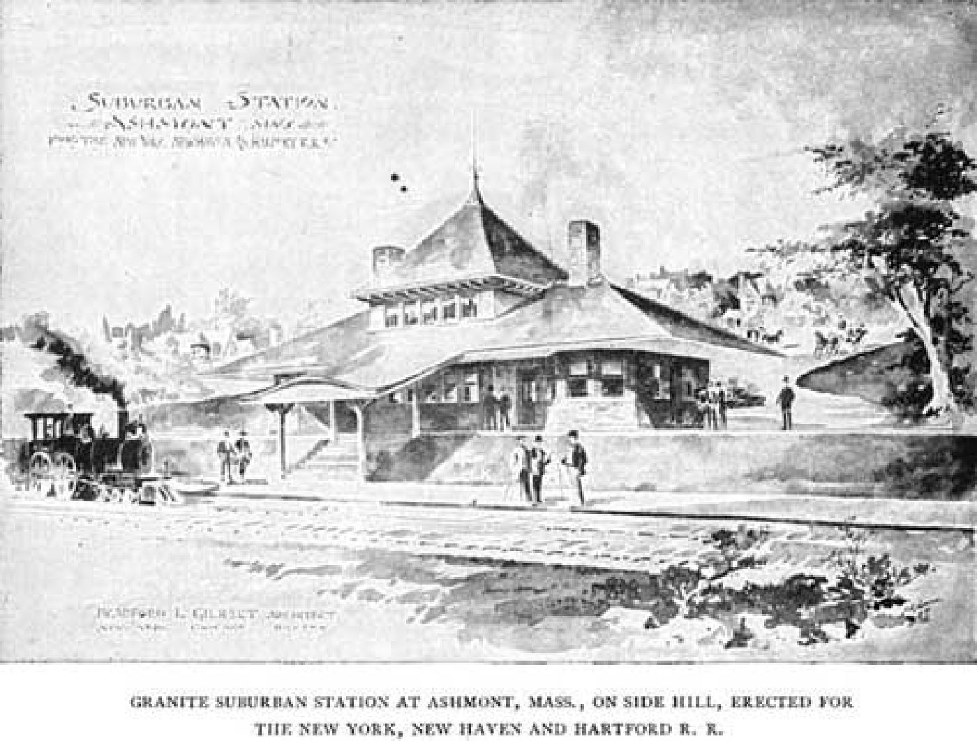Romantic architect's rendering of Ashmont Station circa 1900